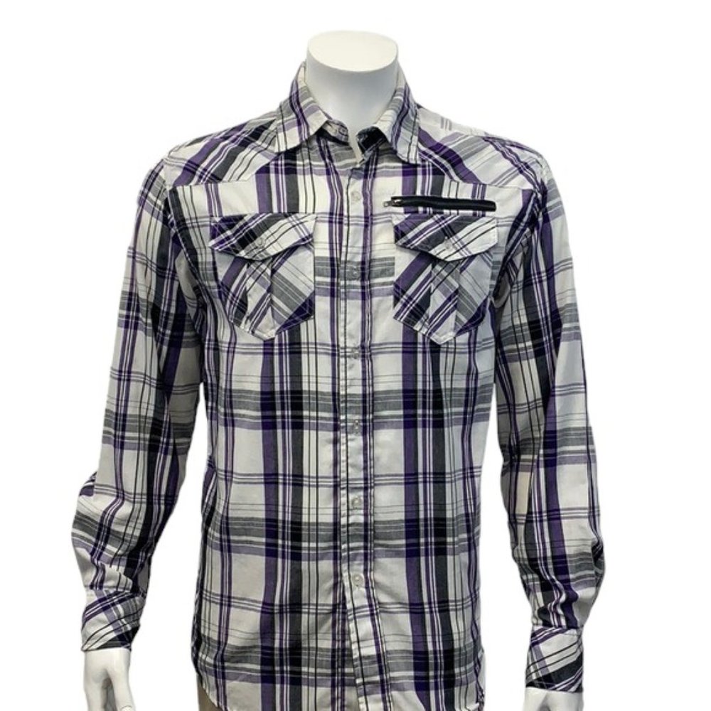 Avirex Purple White Plaid Shirt W/ Zip Pocket Size